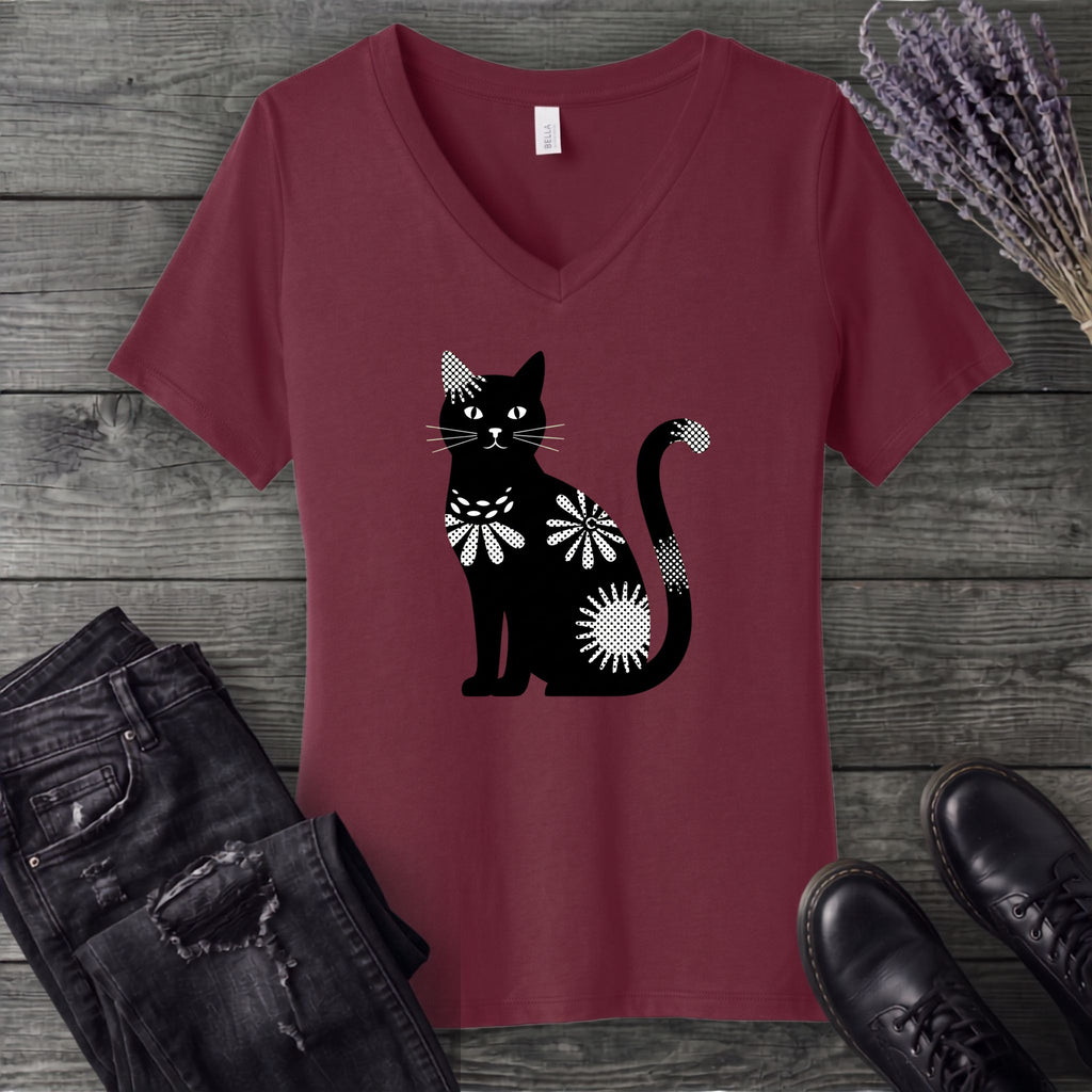 Retro Texture Black Cat V-Neck T-Shirt