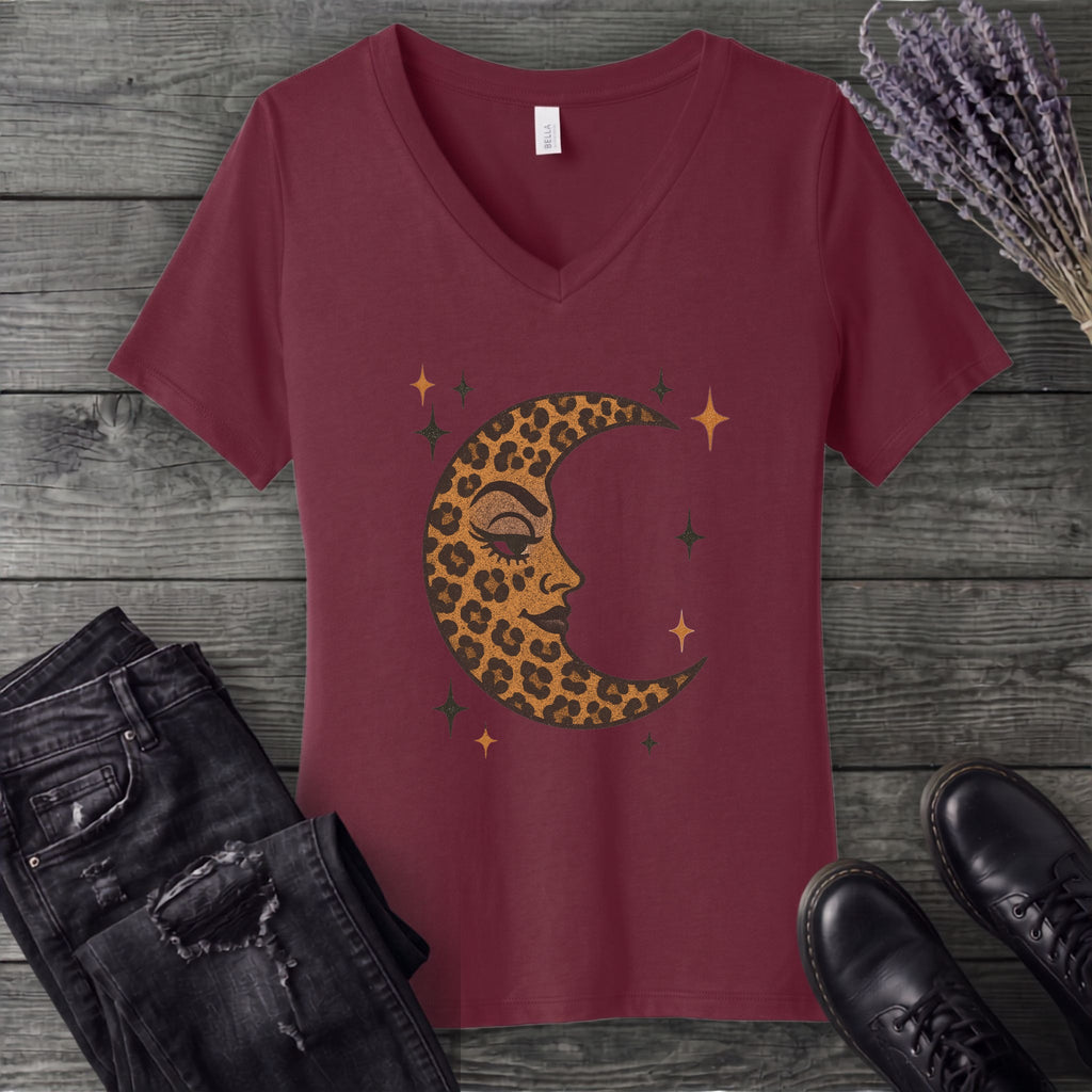 Leopard Print Crescent Moon V-Neck T-Shirt