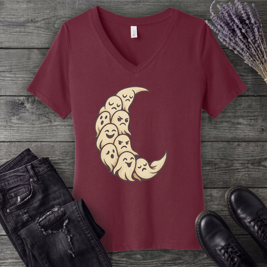 crescent moon ghosts V-Neck T-Shirt