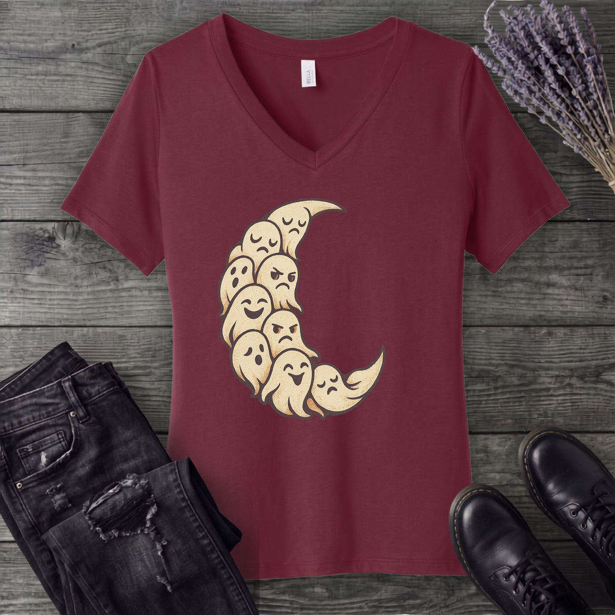 crescent moon ghosts V-Neck T-Shirt