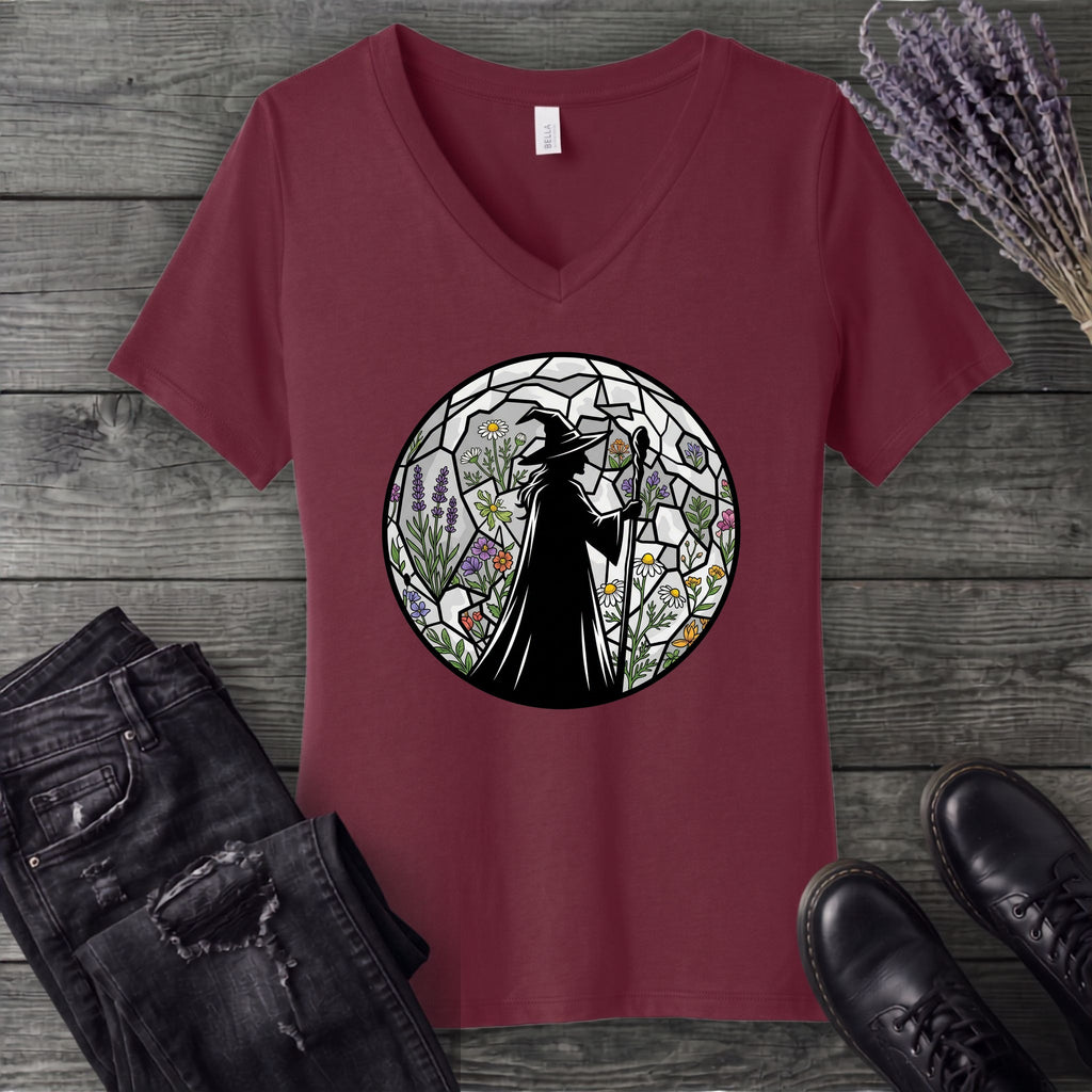 stained glass botanical witch V-Neck T-Shirt