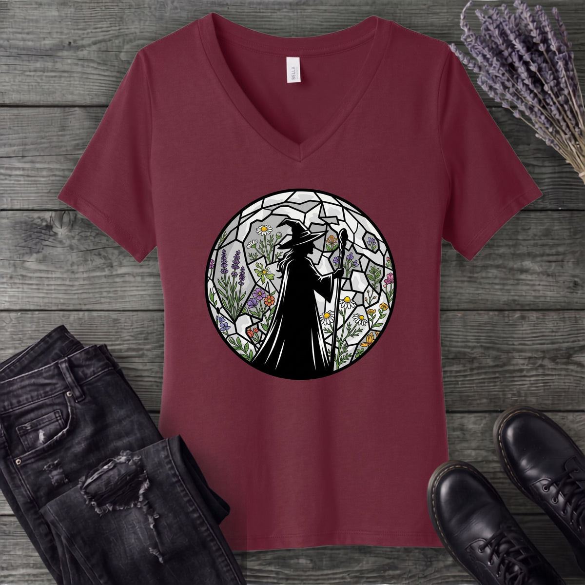 stained glass botanical witch V-Neck T-Shirt