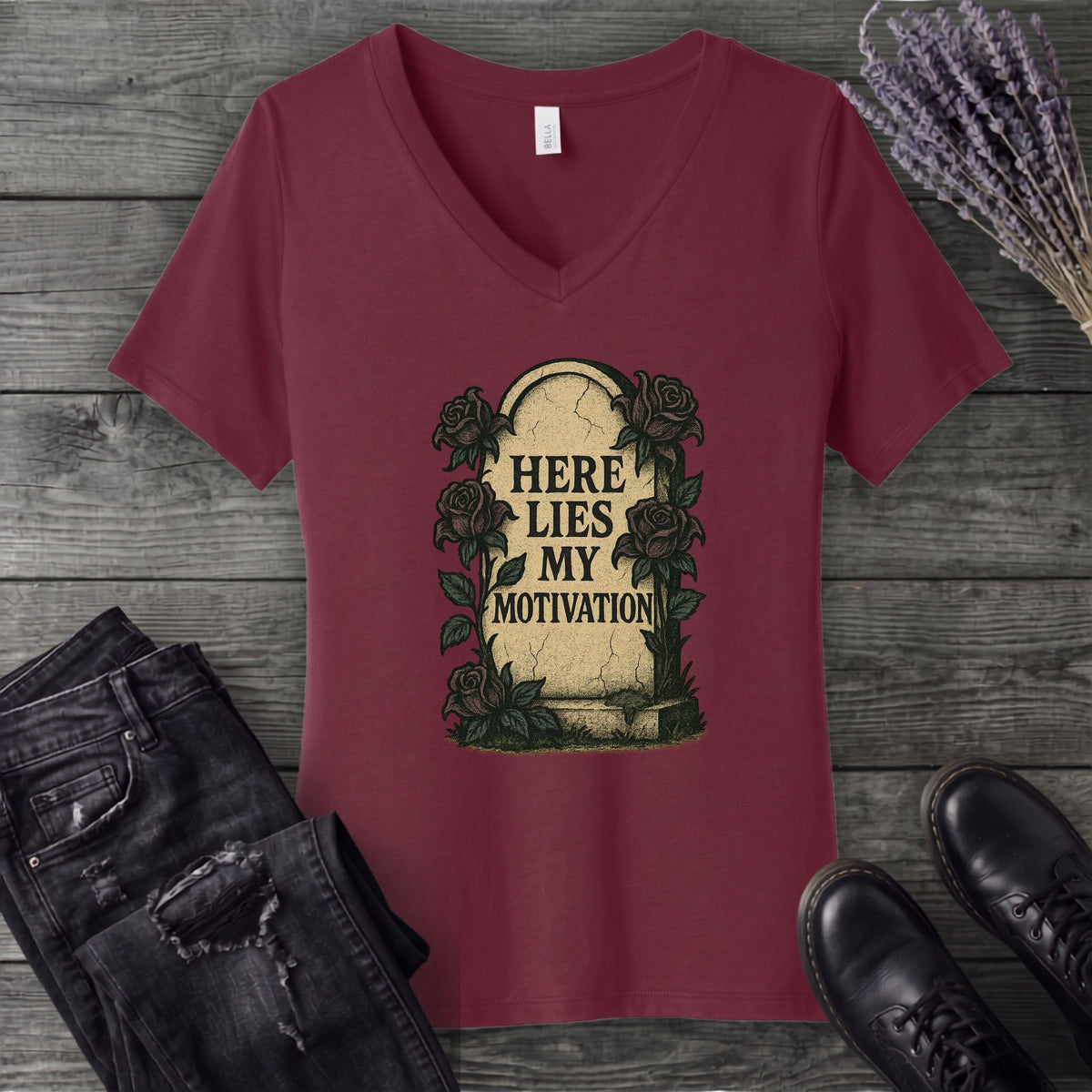Here Lies My Motivation V-Neck T-Shirt
