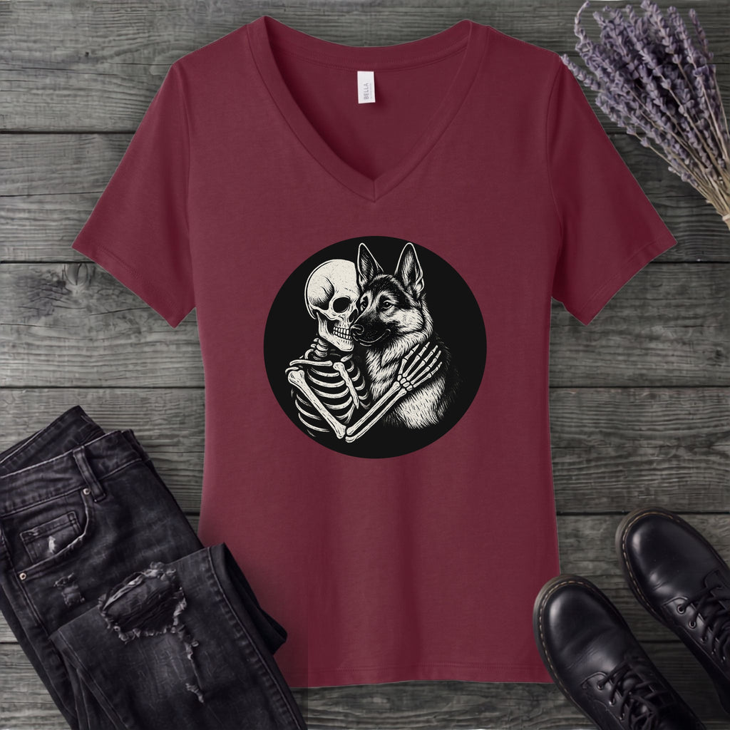 Skeleton German Shepherd Hug V-Neck T-Shirt