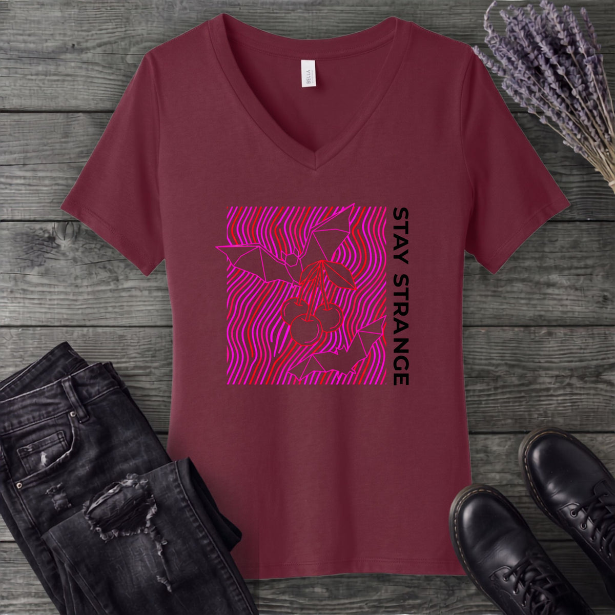 stay strange bats and cherries V-Neck T-Shirt