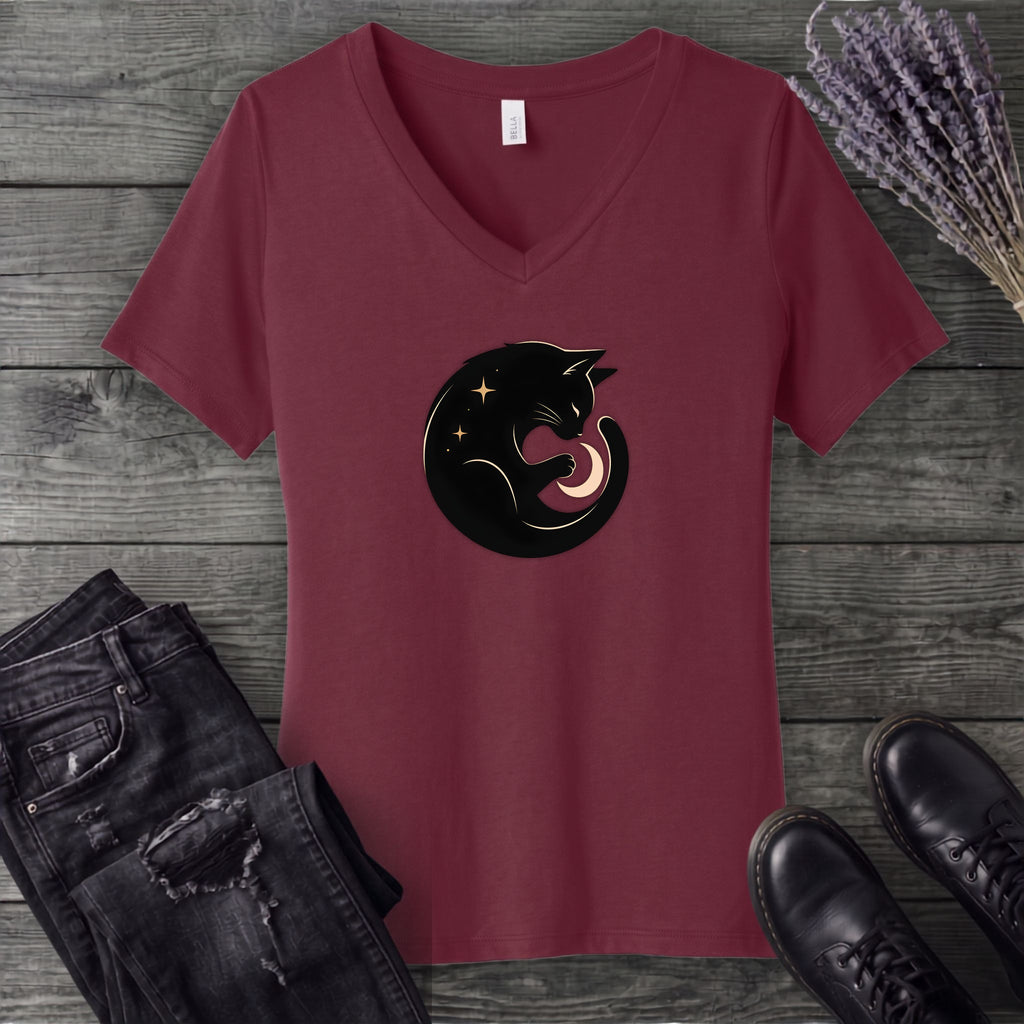 Cat and Moon V-Neck T-Shirt