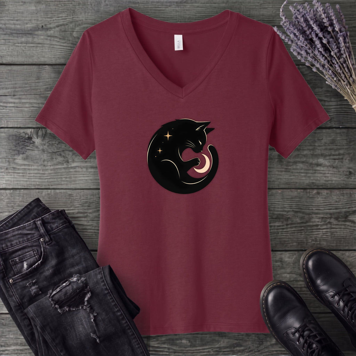 Cat and Moon V-Neck T-Shirt