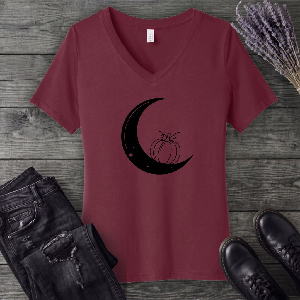 Moon And Pumpkin V-Neck T-Shirt