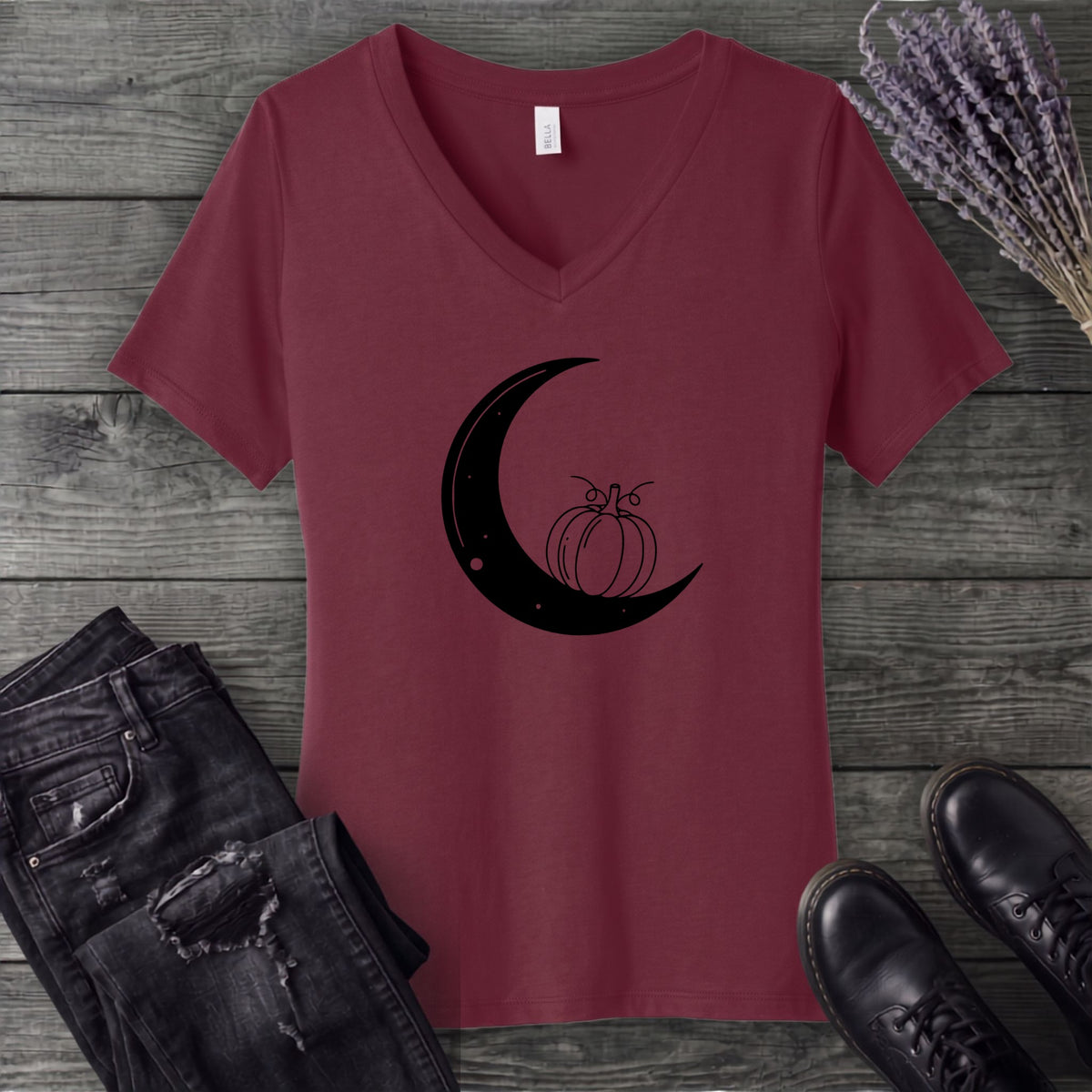 Moon And Pumpkin V-Neck T-Shirt