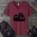 Black Cat Haunted House V-Neck T-Shirt
