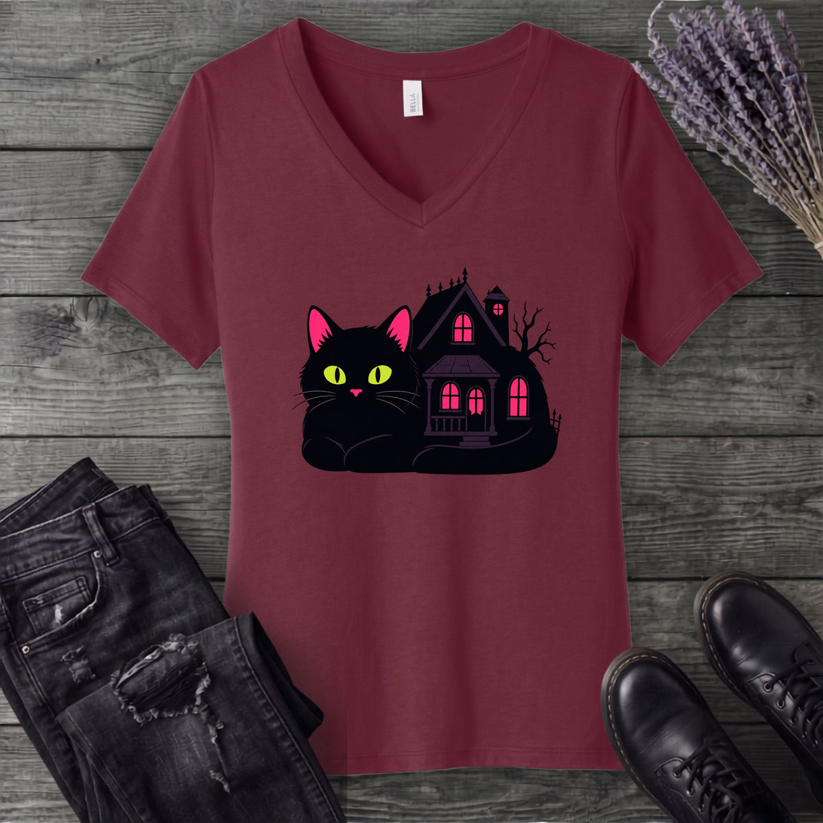 Black Cat Haunted House V-Neck T-Shirt