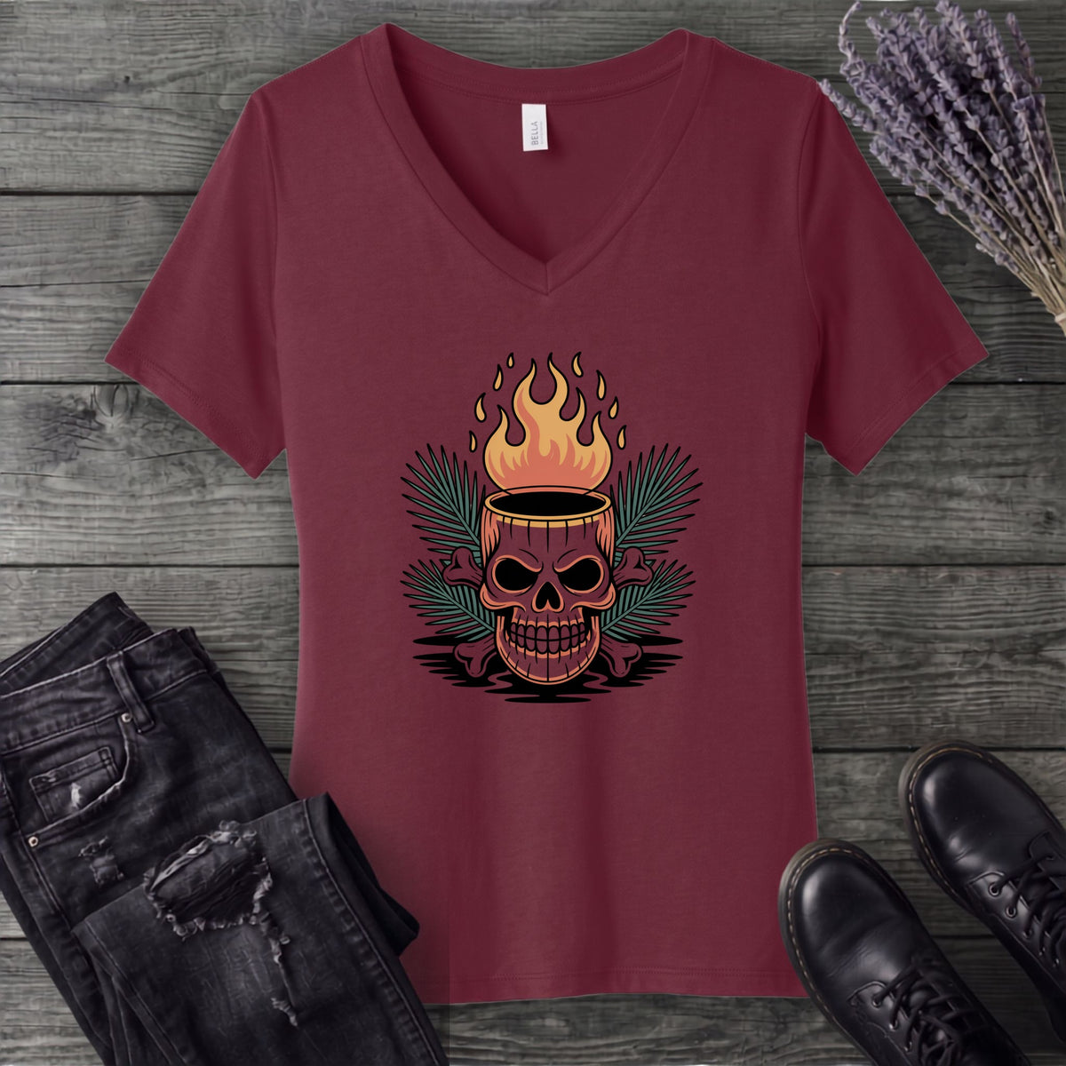 Tiki Skull Drink V-Neck T-Shirt