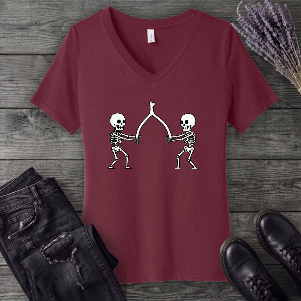 Skeleton Wishbone Pull V-Neck T-Shirt