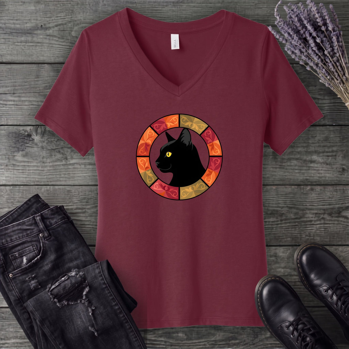 Black Cat Autumn Medallion V-Neck T-Shirt