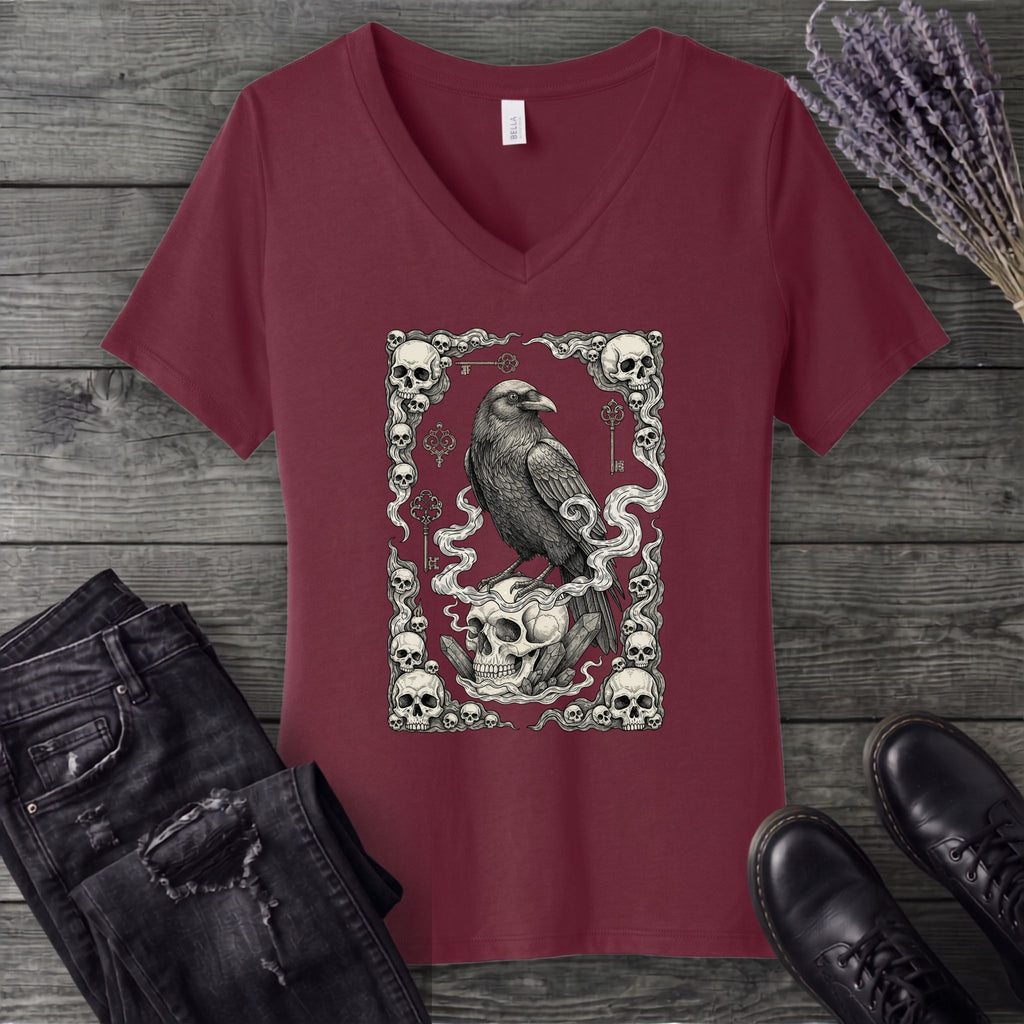 Raven Skull Card V-Neck T-Shirt