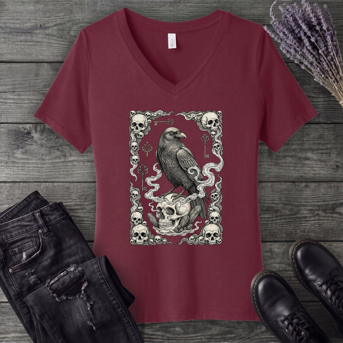 Raven Skull Card V-Neck T-Shirt