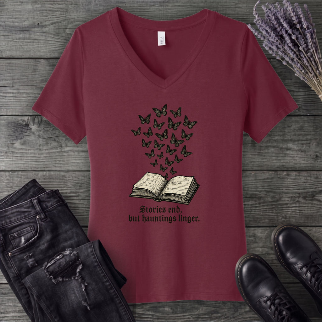 Stories End But Hautings Linger V-Neck T-Shirt