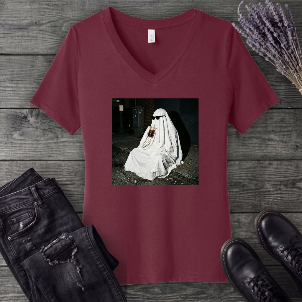 sheet ghost iced coffee curb meme V-Neck T-Shirt
