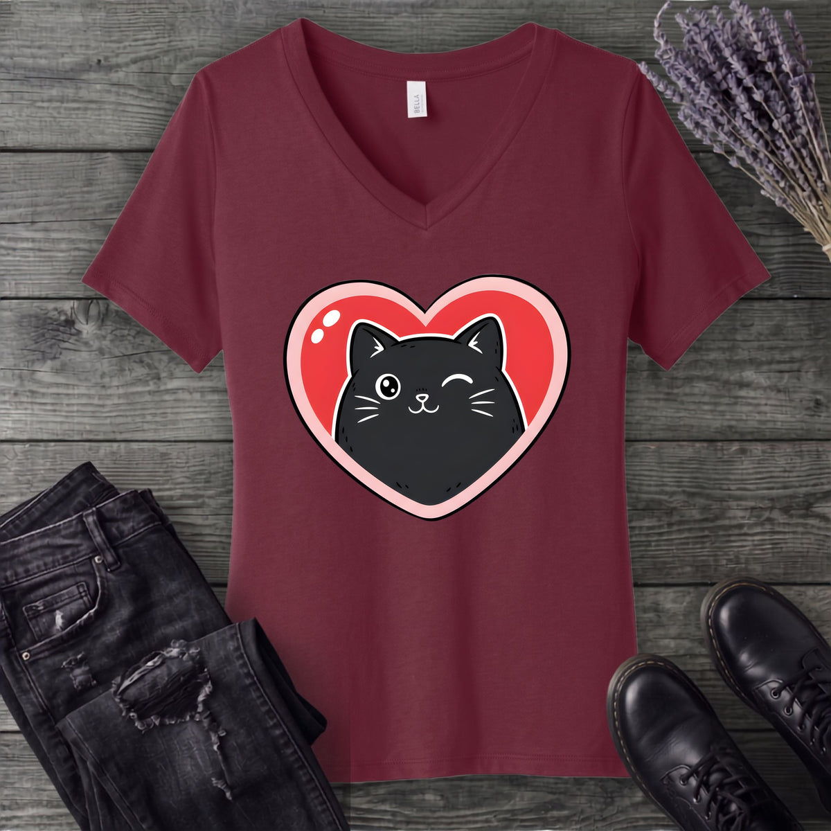 Winking Black Cat Heart V-Neck T-Shirt