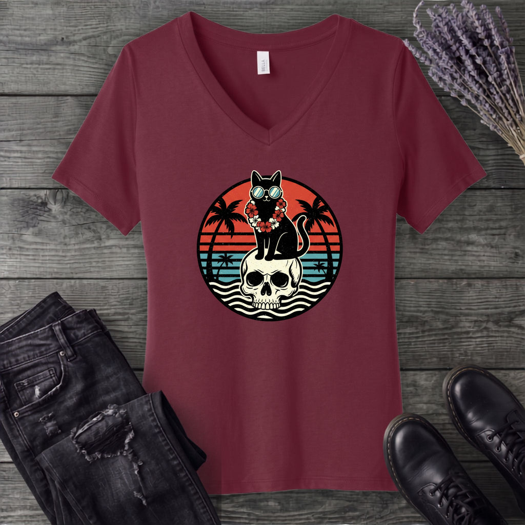 Tropical Cat and Skull V-Neck T-Shirt