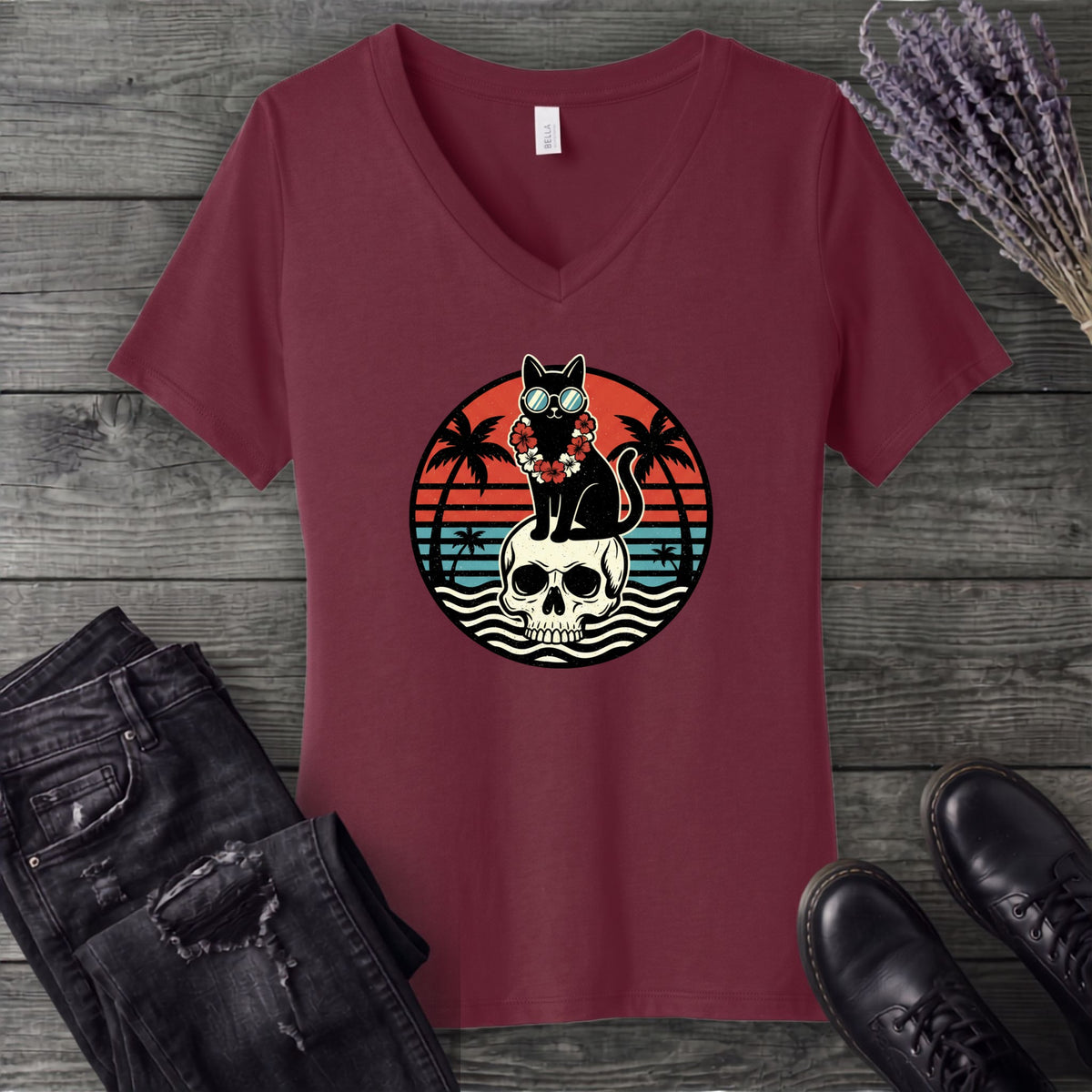 Tropical Cat and Skull V-Neck T-Shirt