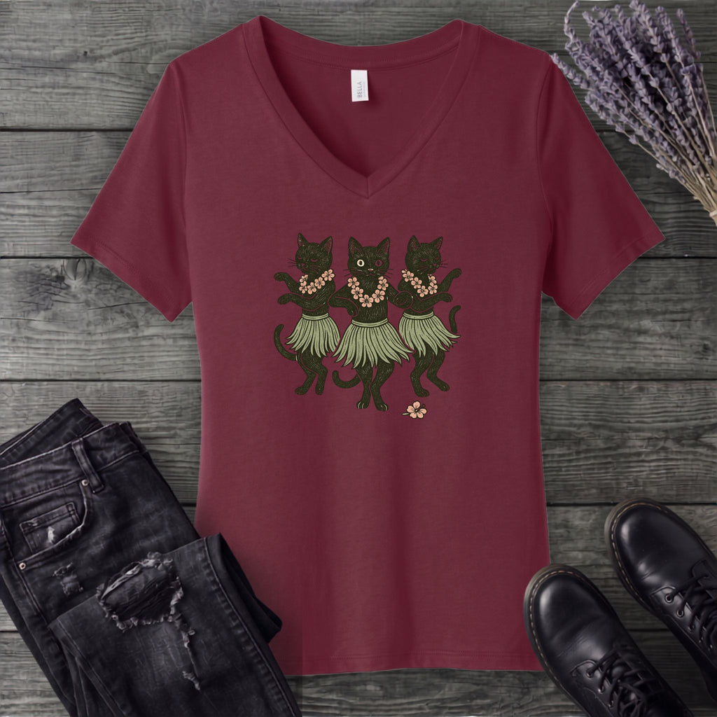 Hula Black Cat Trio V-Neck T-Shirt