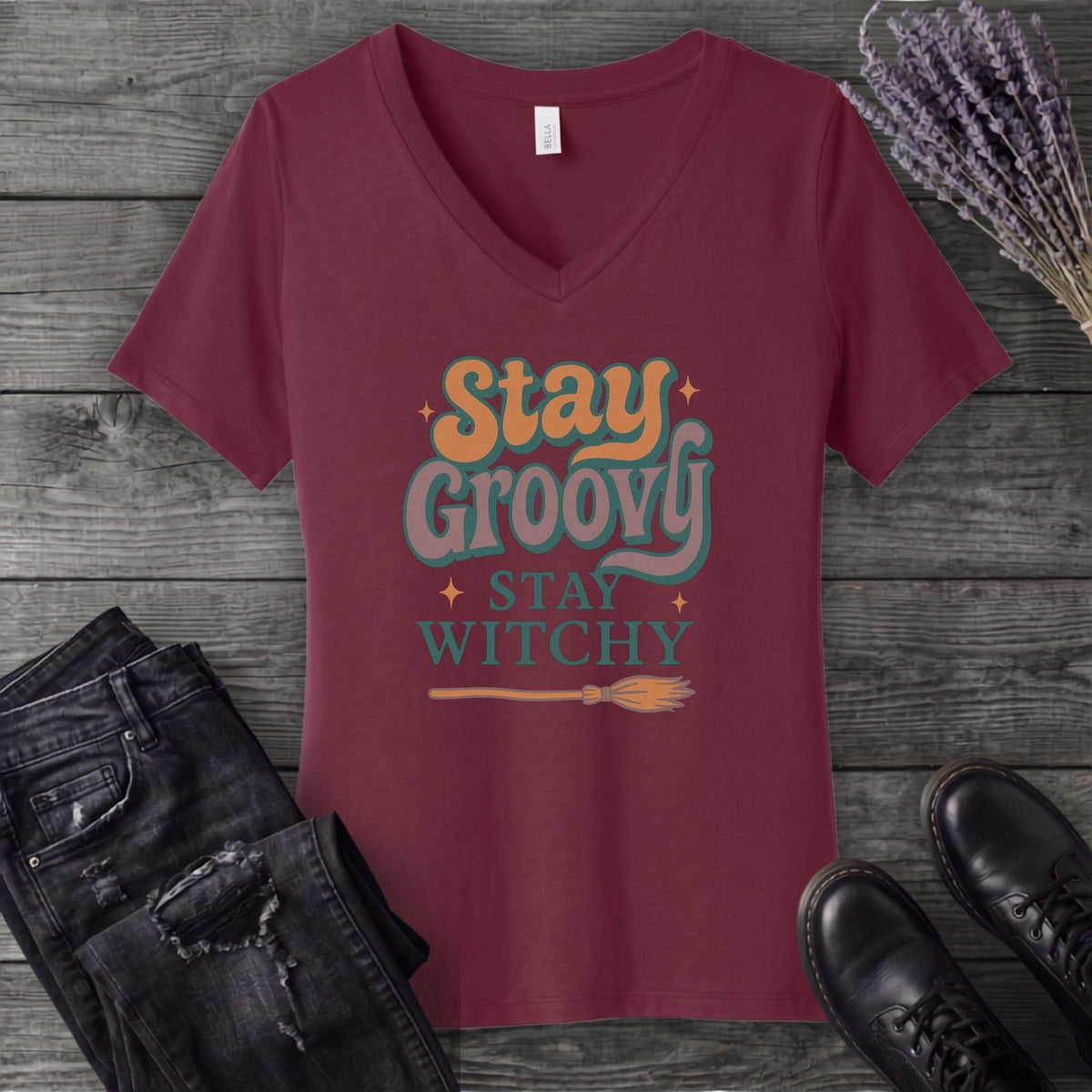 Stay Groovy Stay Witchy V-Neck T-Shirt