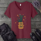Stacked Cat and Pumpkins V-Neck T-Shirt