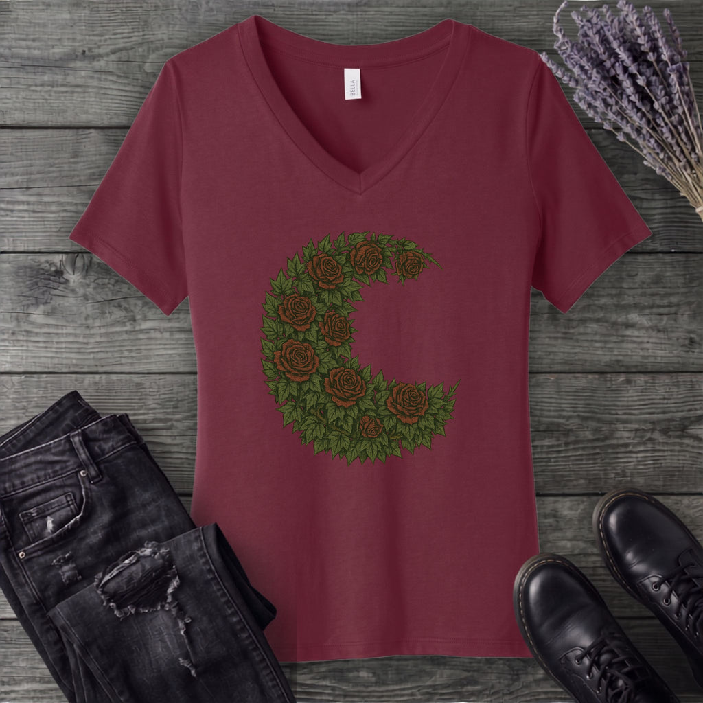Crescent Moon Roses V-Neck T-Shirt