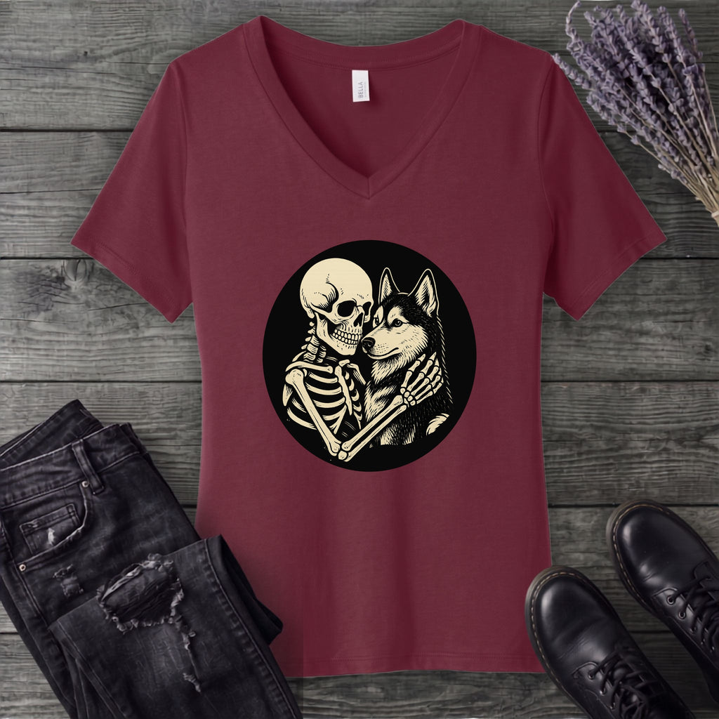 Skeleton Husky Hug V-Neck T-Shirt