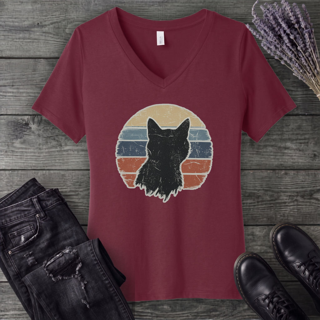 Cat Silhouette Sunset Grunge V-Neck T-Shirt