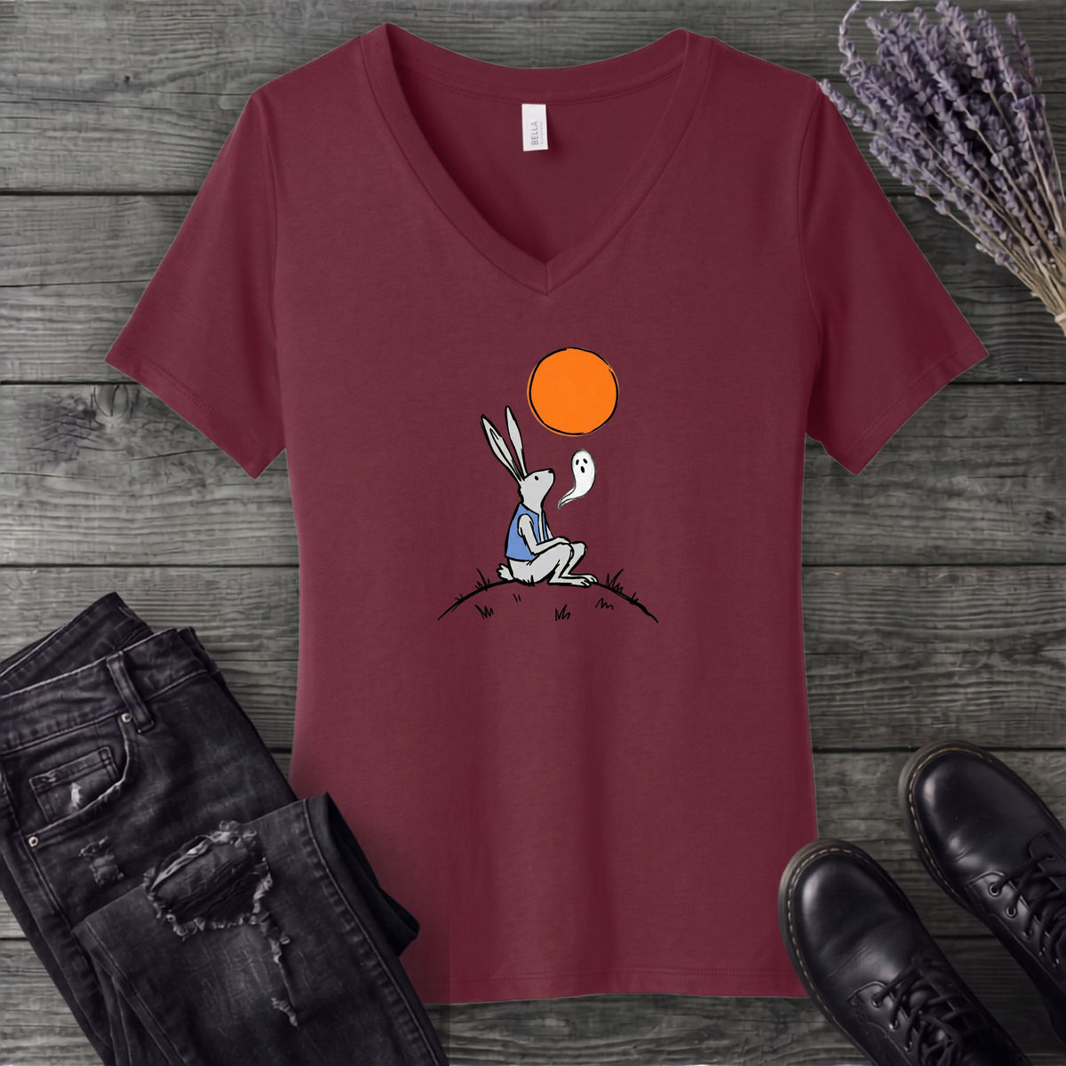 moonlit rabbit and ghost V-Neck T-Shirt