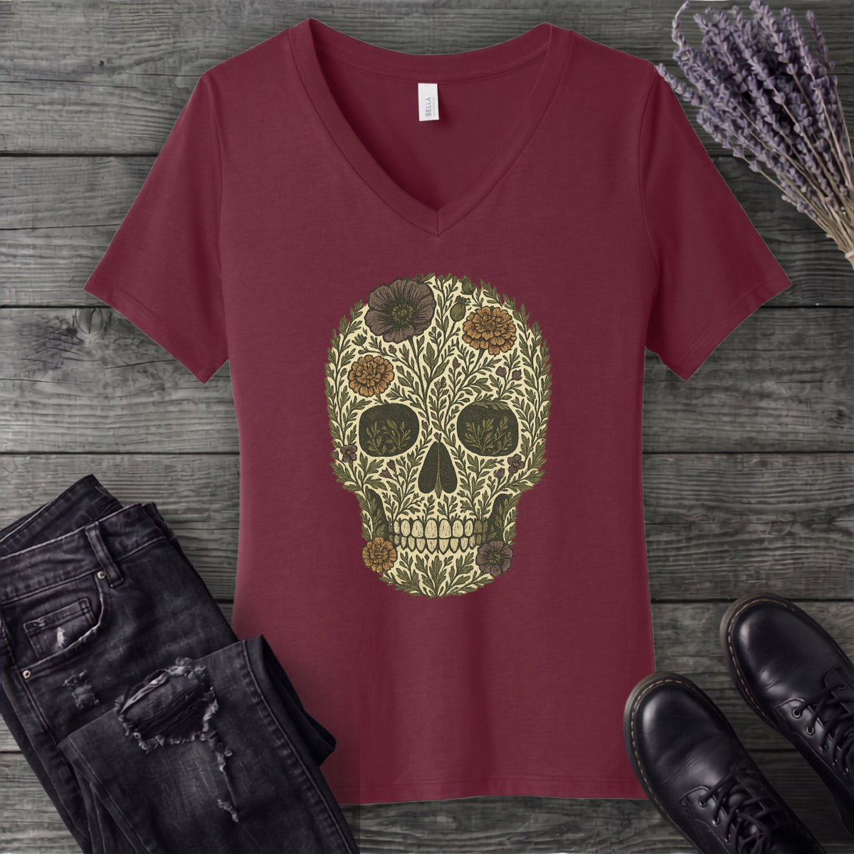 Wildflower Skull V-Neck T-Shirt