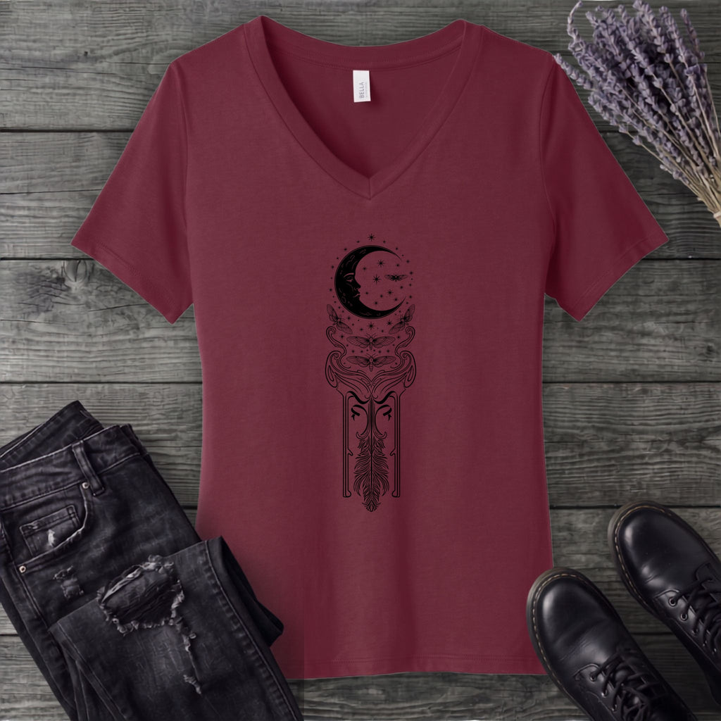 Art Nouveau Crescent Moths V-Neck T-Shirt