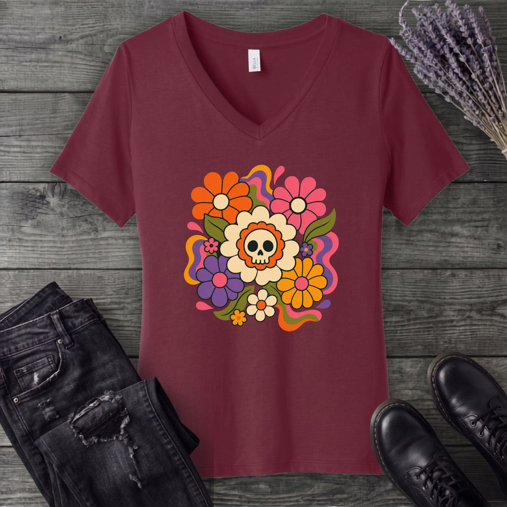 skull daisies V-Neck T-Shirt