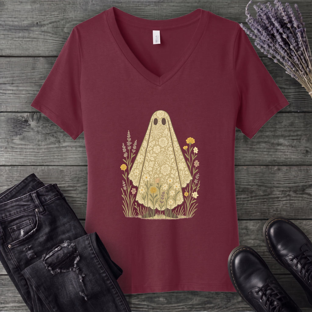 lace ghost V-Neck T-Shirt