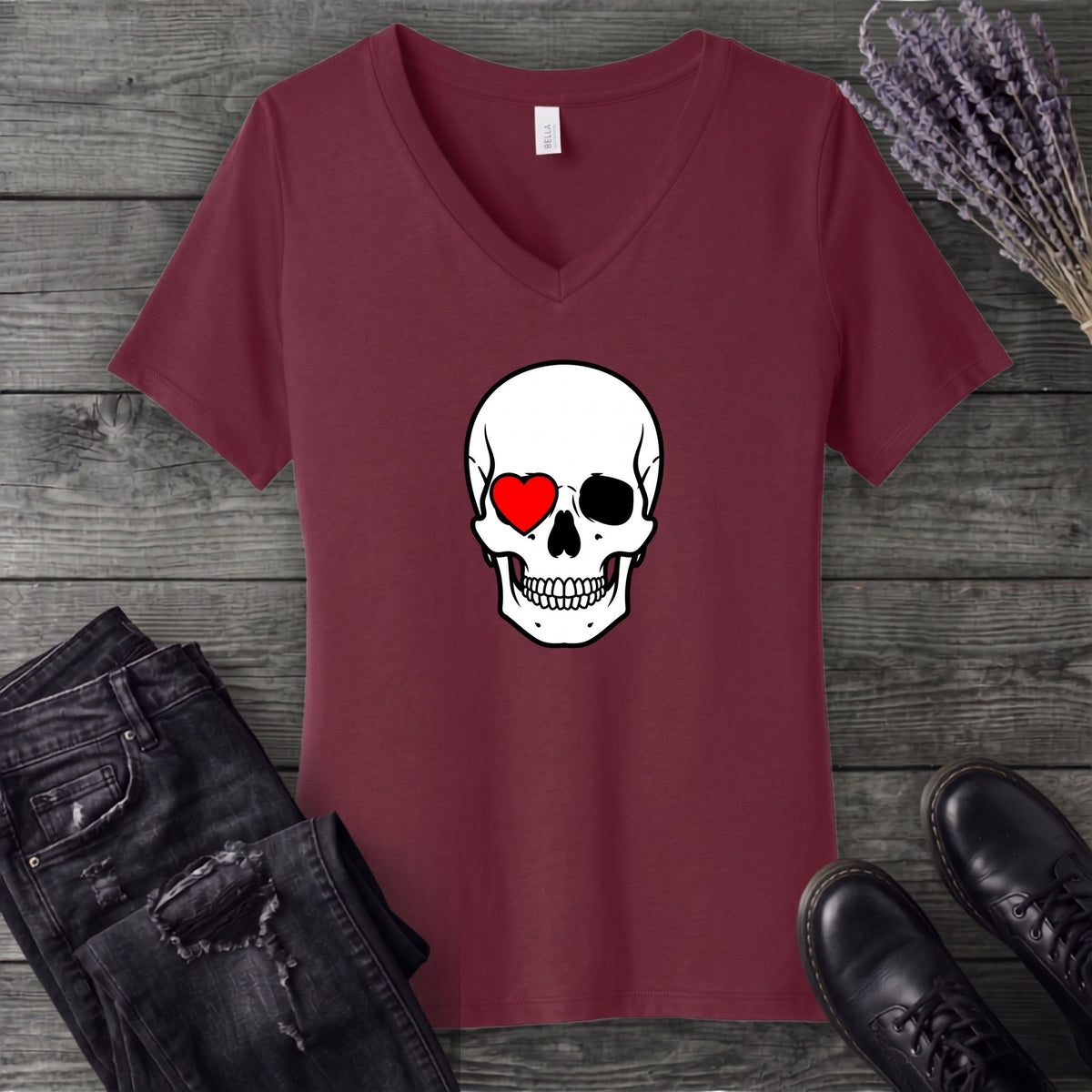 Heart Eye Skull V-Neck T-Shirt