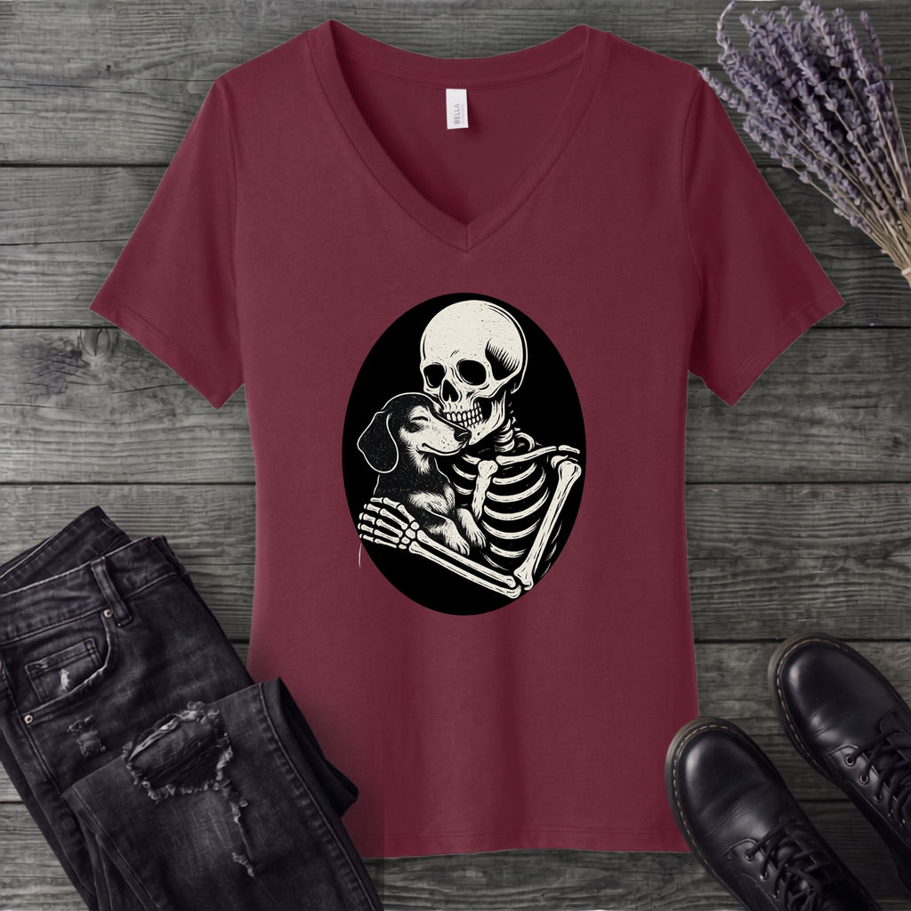 Skeleton Dachshund Hug V-Neck T-Shirt