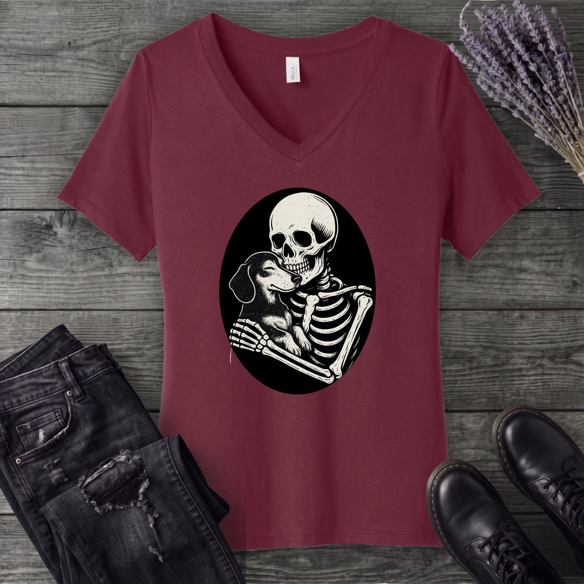 Skeleton Dachshund Hug V-Neck T-Shirt