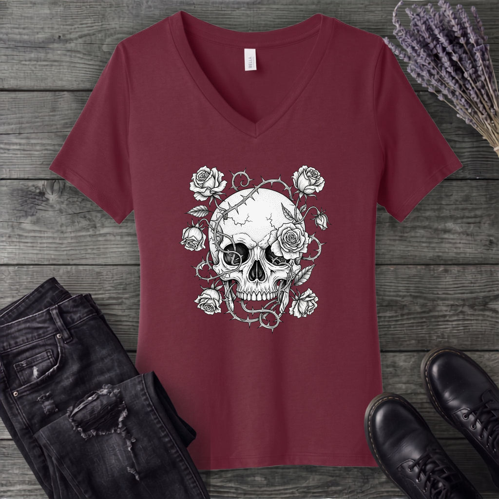 Macabre Floral Skull V-Neck T-Shirt