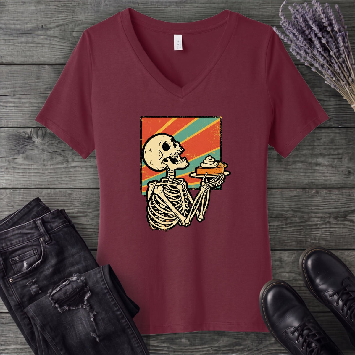 Skeleton Pumpkin Pie Grunge V-Neck T-Shirt