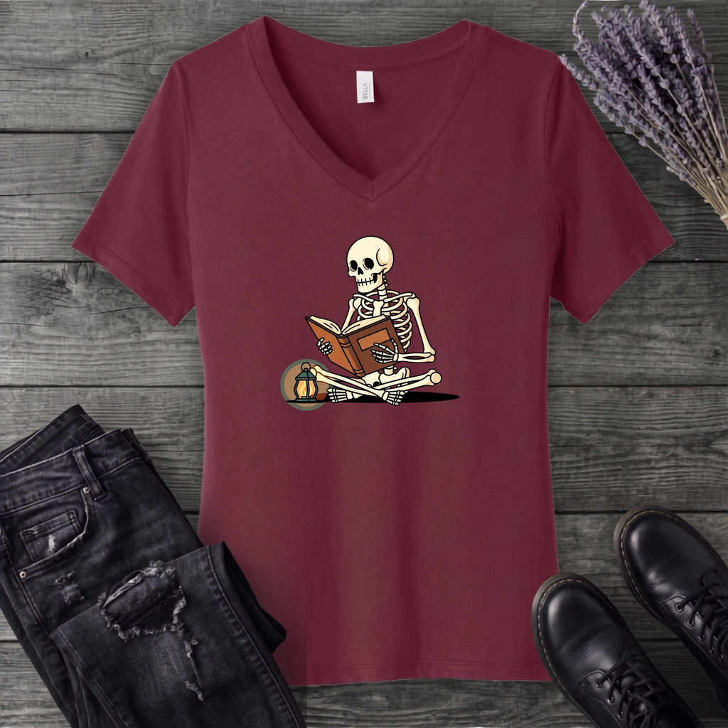 Skeleton Reading V-Neck T-Shirt