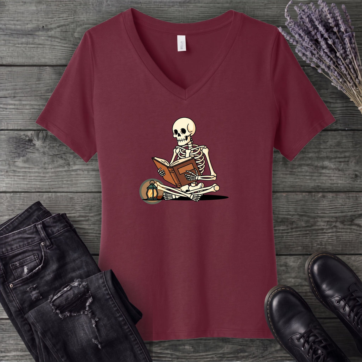 Skeleton Reading V-Neck T-Shirt