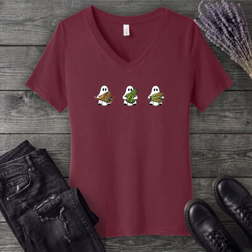Ghosts Autumn Gourds V-Neck T-Shirt