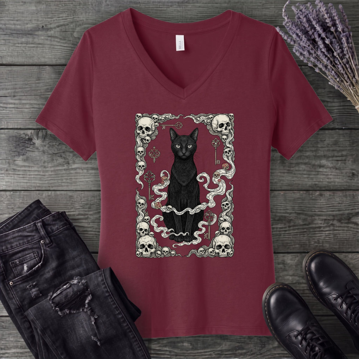Cat Skull Card V-Neck T-Shirt