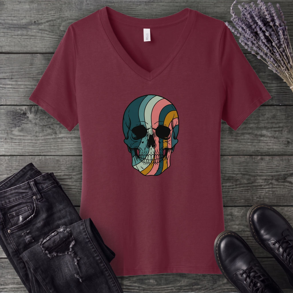 Psychedelic Striped Skull V-Neck T-Shirt