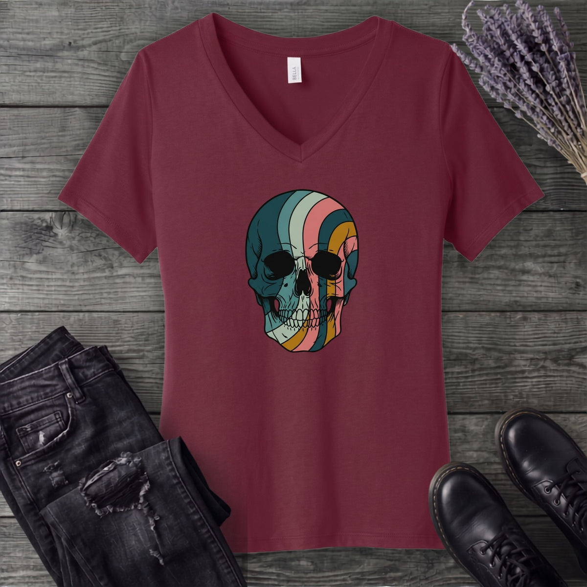 Psychedelic Striped Skull V-Neck T-Shirt