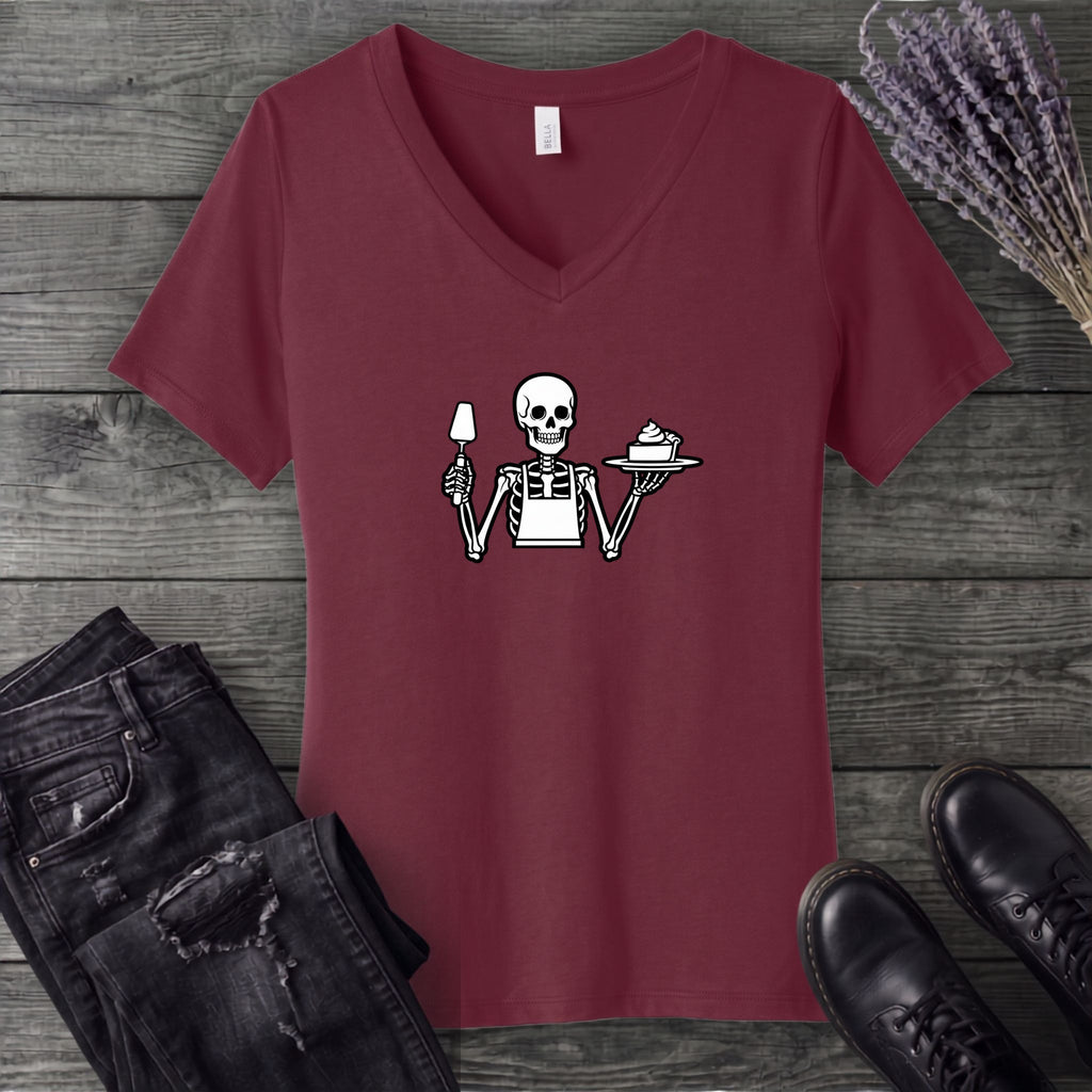 Skeleton Serving Pie V-Neck T-Shirt