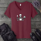 Skeleton Serving Pie V-Neck T-Shirt