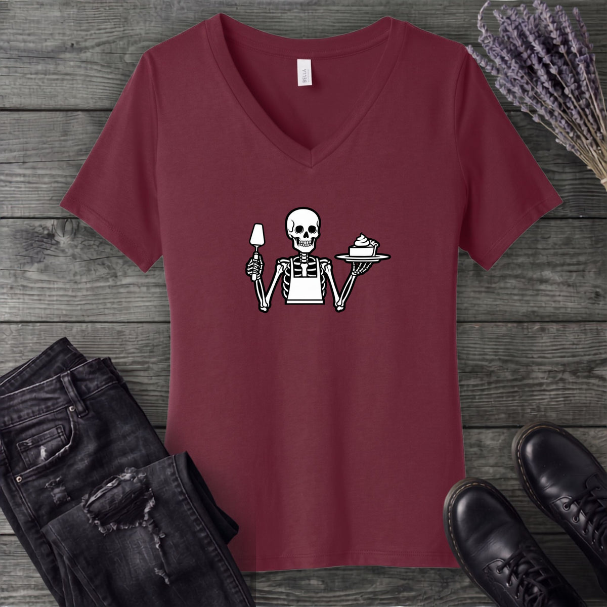 Skeleton Serving Pie V-Neck T-Shirt